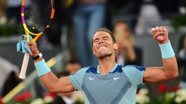 MADRID, SPAIN - MAY 04: Rafael Nadal of Spain celebrates victory in their third round match against Miomir Kecmanovic of Serbia on day seven of Mutua Madrid Open at La Caja Magica on May 04, 2022 in Madrid, Spain. (Photo by Denis Doyle/Getty Images)
