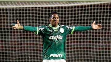 AMDEP1148. SAO PAULO (BRASIL), 20/04/2023.- Endrick Felipe de Palmeiras celebra un gol hoy, en un partido de la fase de grupos de la Copa Libertadores entre Palmeiras y Cerro Porteño en el estadio Morumbi en Sao Paulo (Brasil). EFE/Sebastiao Moreira
