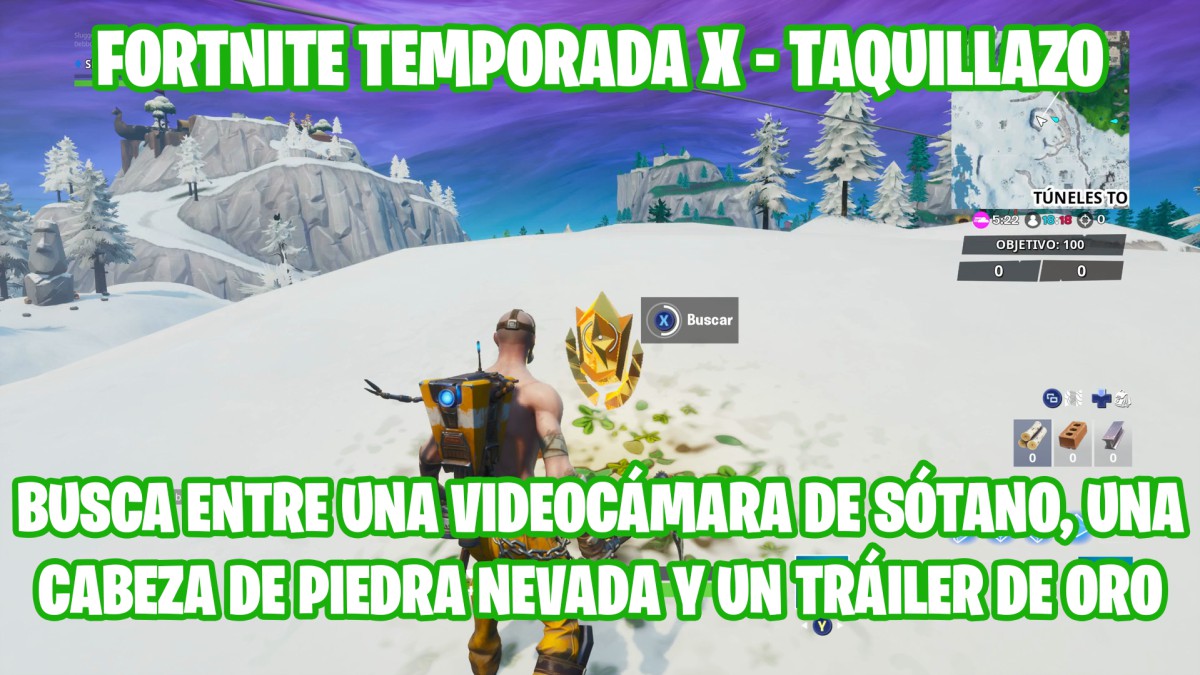 Fortnite Battle Royale - Temporada X | Desafío de Taquillazo: Busca entre una videocámara de sótano, una cabeza de piedra nevada y un gran y llamativo tráiler de oro