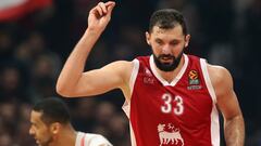 Milan's Nikola Mirotic reacts during the Euroleague Basketball match between Red Star Belgrade and Emporio Armani Milan in Belgrade, Serbia, 24 November 2023.