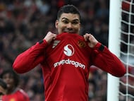 Manchester United's Brazilian midfielder #18 Casemiro reacts to a missed chance during the English Premier League football match between Manchester United and Manchester City at Old Trafford in Manchester, north west England, on January 17, 2026. (Photo by Darren Staples / AFP) / RESTRICTED TO EDITORIAL USE. No use with unauthorized audio, video, data, fixture lists, club/league logos or 'live' services. Online in-match use limited to 120 images. An additional 40 images may be used in extra time. No video emulation. Social media in-match use limited to 120 images. An additional 40 images may be used in extra time. No use in betting publications, games or single club/league/player publications. /