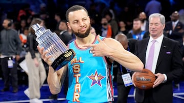 Feb 16, 2025; San Francisco, CA, USA; Shaq’s OGs guard Stephen Curry (30) of the Golden State Warriors celebrates with the MVP trophy after defeating Chuck’s Global Stars during the 2025 NBA All Star Game at Chase Center. Mandatory Credit: Kyle Terada-Imagn Images