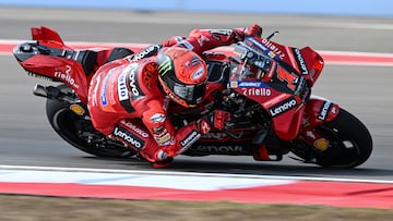 Ducati Lonovo Team's Italian rider Francesco Bagnaia rides during the free practice session of the Indonesian MotoGP at the Mandalika International Circuit in Kuta Mandalika, Central Lombok, on October 13, 2023. (Photo by Sonny TUMBELAKA / AFP)