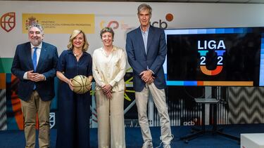El presidente del Consejo Superior de Deportes (CSD), José Manuel Rodríguez Uribes; la ministra de Educación, Formación Profesional y Deportes, Pilar Alegría; la presidenta de la Federación Española de Baloncesto (FEB), Elisa Aguilar y el presidente de la liga Endesa, Antonio Martín (i a d), durante la presentación de la creación de la Liga U, una liga Sub22, este miércoles en la sede del CSD. EFE/ACB //