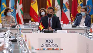 Spanish Prime Minister Pedro Sanchez (C) presides the Presidents Conference held at San Millan de Yuso monastery in San Millan de la Cogolla, La Rioja, northern of Spain on 31 July 2020 where takes part the Presidents Conference to talk about the funds help of the European Union to face the coronavirus economical crisis. EFE/Chema Moya POOL