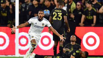 Oct 20, 2022; Los Angeles, California, US; Los Angeles Galaxy midfielder Samuel Grandsir (11) reacts after scoring during the first half of the MLS Cup Playoff semifinal against the Los Angeles FC at Banc Of California Stadium. Mandatory Credit: Gary A. Vasquez-USA TODAY Sports