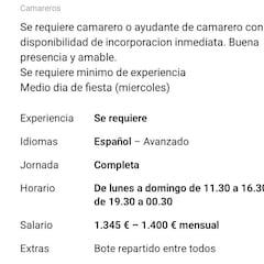 Indignante oferta de trabajo para camarero: “Medio día de fiesta”