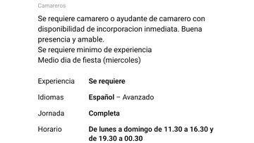 Indignante oferta de trabajo para camarero: “Medio día de fiesta”