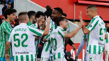PALMA DE MALLORCA, 25/01/2025.- El delantero del Betis C¨¦dric Bakambu (c), celebra su gol contra el RCD Mallorca, durante el partido de LaLiga de la jornada 21 disputado este s¨¢bado en el estadio de Son Moix, en Palma de Mallorca. EFE/Cati Cladera