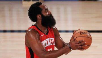 LAKE BUENA VISTA, FLORIDA - JULY 31: James Harden #13 of the Houston Rockets shoots a free throw during the first half against the Dallas Mavericks at The Arena at ESPN Wide World Of Sports Complex on July 31, 2020 in Lake Buena Vista, Florida. NOTE TO USER: User expressly acknowledges and agrees that, by downloading and or using this photograph, User is consenting to the terms and conditions of the Getty Images License Agreement.   Mike Ehrmann/Getty Images/AFP
 == FOR NEWSPAPERS, INTERNET, TELCOS &amp; TELEVISION USE ONLY ==
