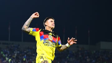 Brian Rodriguez celebrates his goal 0-1 of America during the 13th round match between Cruz Azul and America as part of the Liga BBVA MX, Torneo Apertura 2025 at Olimpico Universitario Stadium, on October 18, 2025 in Mexico City, Mexico.