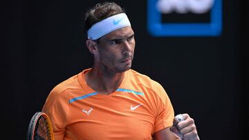 Spain's Rafael Nadal reacts after a point against Britain's Jack Draper during their men's singles match on day one of the Australian Open tennis tournament in Melbourne on January 16, 2023. (Photo by WILLIAM WEST / AFP) / -- IMAGE RESTRICTED TO EDITORIAL USE - STRICTLY NO COMMERCIAL USE --