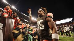 CLEVELAND, OHIO - SEPTEMBER 22: Myles Garrett #95 of the Cleveland Browns exits the field after defeating the Pittsburgh Steelers 29-17 at FirstEnergy Stadium on September 22, 2022 in Cleveland, Ohio.   Gregory Shamus/Getty Images/AFP
