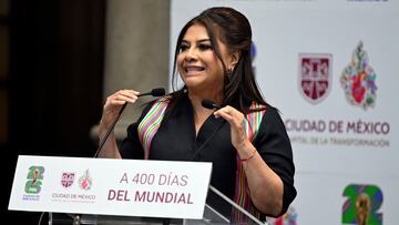 Mexico City Mayor Clara Brugada speaks during the presentation of the program and organizing committee for the 2026 FIFA World Cup in Mexico City on May 7, 2025. (Photo by Alfredo ESTRELLA / AFP)