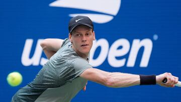 Aug 27, 2024; Flushing, NY, USA; Jannik Sinner of Italy hits to Mackenzie McDonald of the USA on day two of the 2024 U.S. Open tennis tournament at USTA Billie Jean King National Tennis Center. Mandatory Credit: Robert Deutsch-USA TODAY Sports