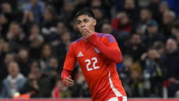 Chile's forward #22 Dario Osorio celebrates scoring his team's second goal during the friendly football match between France and Chile at the Stade Velodrome in Marseille, southern France, on March 26, 2024. (Photo by NICOLAS TUCAT / AFP)