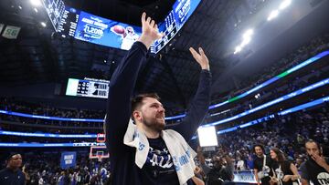 DALLAS, TEXAS - MAY 26: Luka Doncic #77 of the Dallas Mavericks waves to the crowd following the victory against the Minnesota Timberwolves in Game Three of the Western Conference Finals at American Airlines Center on May 26, 2024 in Dallas, Texas. NOTE TO USER: User expressly acknowledges and agrees that, by downloading and or using this photograph, User is consenting to the terms and conditions of the Getty Images License Agreement. Matthew Stockman/Getty Images/AFP (Photo by MATTHEW STOCKMAN / GETTY IMAGES NORTH AMERICA / Getty Images via AFP)