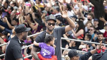 Jun 17, 2019; Toronto, Ontario, Canada; Toronto Raptors forward Kawhi Leonard salutes the crowd at the Toronto Raptors Championship Parade. Mandatory Credit: Nick Turchiaro-USA TODAY Sports