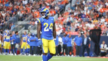 DENVER, COLORADO - AUGUST 26: Royce Freeman #24 of the Los Angeles Rams looks on between plays during the preseason game against the Denver Broncos at Empower Field At Mile High on August 26, 2023 in Denver, Colorado. (Photo by Tyler Schank/Clarkson Creative/Getty Images)