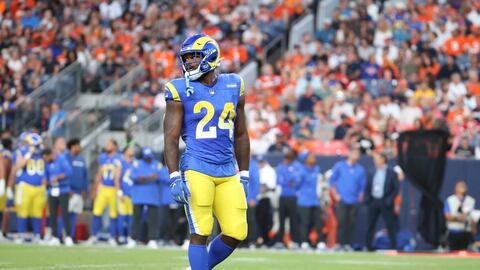 DENVER, COLORADO - AUGUST 26: Royce Freeman #24 of the Los Angeles Rams looks on between plays during the preseason game against the Denver Broncos at Empower Field At Mile High on August 26, 2023 in Denver, Colorado. (Photo by Tyler Schank/Clarkson Creative/Getty Images)