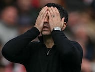 Arsenal's Spanish manager Mikel Arteta reacts during the English Premier League football match between Arsenal and Bournemouth at the Emirates Stadium in London on April 11, 2026. (Photo by Glyn KIRK / AFP) / RESTRICTED TO EDITORIAL USE. No use with unauthorized audio, video, data, fixture lists, club/league logos or 'live' services. Online in-match use limited to 120 images. An additional 40 images may be used in extra time. No video emulation. Social media in-match use limited to 120 images. An additional 40 images may be used in extra time. No use in betting publications, games or single club/league/player publications. /