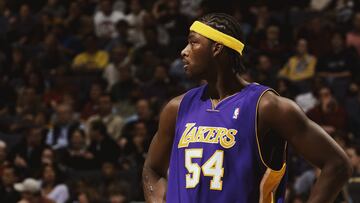 WASHINGTON, DC - DECEMBER 26: Kwame Brown #54 of the Los Angeles Lakers plays against the Washington Wizards on December 26, 2005 at the MCI Center in Washington, DC. NOTE TO USER: User expressly acknowledges and agrees that, by downloading and or using this photograph, User is consenting to the terms and conditions of the Getty Images License Agreement. (Photo by G Fiume/Getty Images)