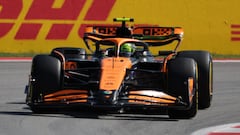 McLaren�s British driver Lando Norris takes part in the second practice session at the Circuit de Catalunya on June 21, 2024 in Montmelo, on the outskirts of Barcelona, ahead of the Spanish Formula One Grand Prix. (Photo by Thomas COEX / AFP)