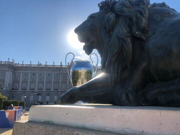 Plaza de Oriente in Madrid, with the Royal Palace behind the replica European Cup