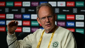 Seattle Sounders' US coach Brian Schmetzer gives a press conference at the Lumen Field stadium in Seattle on June 18, 2025 on the eve of the Club World Cup 2025 ahead of the Club World Cup 2025 football match between US' Seattle Sounders and Spain's Atletico Madrid. (Photo by Pablo PORCIUNCULA / AFP)