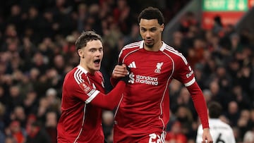 Soccer Football - FA Cup - Third Round - Liverpool v Barnsley - Anfield, Liverpool, Britain - January 12, 2026 Liverpool's Florian Wirtz celebrates scoring their third goal with Hugo Ekitike REUTERS/Phil Noble