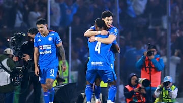 Soccer Football - Liga MX - Quater Final - Second Leg - Cruz Azul v Guadalajara - Estadio Azteca, Mexico City, Mexico - November 30, 2025 Cruz Azul's Angel Marquez celebrates scoring their second goal with Willer Ditta REUTERS/Eloisa Sanchez