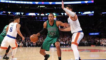 Apr 2, 2017; New York, NY, USA; Boston Celtics center Al Horford (42) controls the ball against New York Knicks center Willy Hernangomez (14) during the third quarter at Madison Square Garden. Mandatory Credit: Brad Penner-USA TODAY Sports