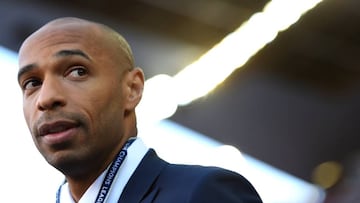 BARCELONA, SPAIN - MAY 06:  Former player and TV commentator Thierry Henry lookson prior to kickoff during the UEFA Champions League Semi Final, first leg match between FC Barcelona and FC Bayern Muenchen at Camp Nou on May 6, 2015 in Barcelona, Spain.  (Photo by Shaun Botterill/Getty Images)