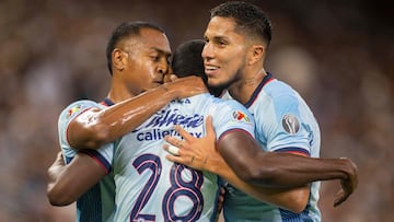 Cruz Azul's Diber Cambindo (C) celebrates with teammates after scoring against Monterrey during the  Mexican Apertura 2023 tournament football match at the BBVA Bancomer stadium in Monterrey, Mexico, on August 27, 2023. (Photo by Julio Cesar AGUILAR / AFP)