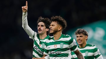 Sporting Lisbon's Portuguese forward #17 Francisco Trincao (L) celebrates scoring his team's third goal during the UEFA Champions League, league phase day 5 football match between Sporting CP and Club Brugge at Jose Alvalade stadium in Lisbon on November 26, 2025. (Photo by FILIPE AMORIM / AFP)