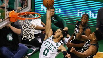 BOSTON, MA - APRIL 15: Jayson Tatum #0 of the Boston Celtics takes a shot against Giannis Antetokounmpo #34 of the Milwaukee Bucks during the first quarter of Game One of Round One of the 2018 NBA Playoffs during at TD Garden on April 15, 2018 in Boston, Massachusetts.   Maddie Meyer/Getty Images/AFP
 == FOR NEWSPAPERS, INTERNET, TELCOS &amp; TELEVISION USE ONLY ==