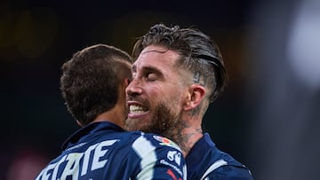 Nelson Deossa celebrates his goal 1-0 with Sergio Ramos of Monterrey during the 16th round match between Monterrey and America as part of the Liga BBVA MX, Torneo Clausura 2025 at BBVA Bancomer Stadium, on April 16, 2025 in Monterrey, Nuevo Leon, Mexico.