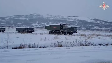 A view shows military vehicles of the Bastion coastal missile system that went on duty on the Kuril island of Paramushir, Russia, which is one of the islands claimed by Japan and also known as the Northern Territories, in this still image taken from video released on December 5, 2022. Russian Defence Ministry/Handout via REUTERS  ATTENTION EDITORS - THIS IMAGE WAS PROVIDED BY A THIRD PARTY. NO RESALES. NO ARCHIVES. MANDATORY CREDIT. PICTURE WATERMARKED AT SOURCE.