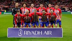 Oncel inicial edl Atlético de Madrid. Jan Oblak, Axel Witsel, Mario Hermoso, Álvaro MOrata, José María Giménez, Nahuel MOlina, Rodrigo Riquelme, Rodrigo de Paul, Antoine Griezmann, Koke y Saúl Ñíguez.