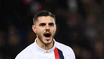 Paris Saint-Germain's Argentine forward Mauro Icardi celebrates scoring his team's first goal during the UEFA Champions League Group A football match between Paris Saint-Germain (PSG) and Galatasaray at the Parc des Princes stadium in Paris on D