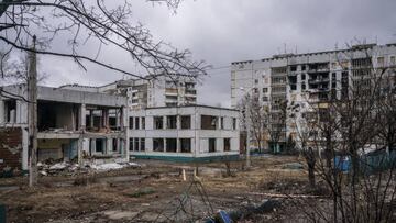 KHARKIV, UKRAINE MARCH 11: Buildings are damaged in the suburb of Saltivka, Kharkiv, Ukraine on March 11 2023 as Russian-Ukrainian war continues. Saltivka is located in the north-east of the city, along a busy ring road. Until last month, it was the closest point to territory occupied by Russian troops, and to their powerful artillery. Saltivka is a large residential area in the north-eastern part of the Kharkiv region in eastern Ukraine. It mainly encompasses the Saltivskyi district of the same name, with certain areas spreading into the Kyivskyi and Nemyshlyanskyi districts as well. It was reported as one of Ukraine's largest residential regions, with 400,000 to 800,000 residents, according to various estimations. (Photo by Jose Colon/Anadolu Agency via Getty Images)