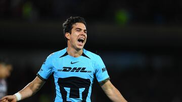 Ulises Rivas celebrates his goal 1-0 of Pumas during the 4th round match between Pumas UNAM and Necaxa as part of the Torneo Clausura 2024 Liga BBVA MX at Olimpico Universitario Stadium on January 31, 2024 in Mexico City, Mexico.