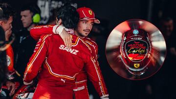 El casco de Charles Leclerc en homenaje a Carlos Sainz.