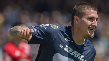 Futbol, Pumas Unam vs Tijuana
Torneo de Clausura Liga MX 2017.
El jugador de Pumas Unam, Nicolas Castillo, celebra su gol contra Tijuana durante el partido de primera division en el estadio Olimpico Universitario, en Ciudad de Mexico, Mexico.
19/02/201