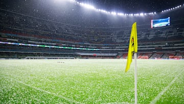 Hail (Granizo) during the final first leg match between America and Monterrey as part of the Torneo Clausura 2024 Liga MX Femenil at Azteca Stadium, on May 23, 2024 in Mexico City, Mexico.