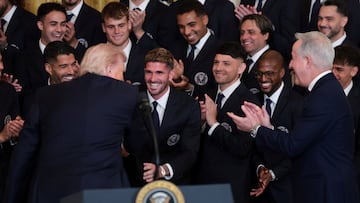 Inter Miami CF player Rodrigo de Paul reacts on the day U.S. President Donald Trump honors reigning Major League Soccer (MLS) champion Inter Miami CF players and team officials with an event in the East Room of the White House in Washington, D.C., U.S., March 5, 2026. REUTERS/Jonathan Ernst
