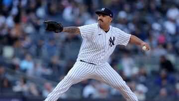 Apr 20, 2023; Bronx, New York, USA; New York Yankees starting pitcher Nestor Cortes (65) pitches against the Los Angeles Angels during the fifth inning at Yankee Stadium. Mandatory Credit: Brad Penner-USA TODAY Sports