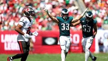 The Eagles cornerback stood menacingly over Bucs running back Rachaad White, mimicking Iverson’s famous 2001 Finals step-over.