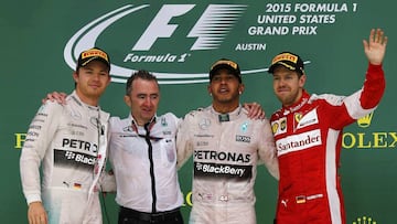 Lewis Hamilton,Nico Rosberg, Sebastian Vettel y Paddy Lowe en el GP Estados Unidos 2015.