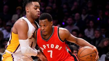 Jan 1, 2017; Los Angeles, CA, USA; Toronto Raptors guard Kyle Lowry (7) drives to the basket as Los Angeles Lakers guard D'Angelo Russell (1) defends in the first half of the game at Staples Center. Mandatory Credit: Jayne Kamin-Oncea-USA TODAY Sports
